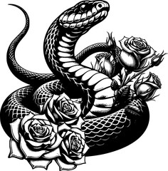Snake With Flowers Silhouette Illustration, Vector Art