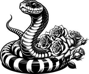 Snake With Flowers Silhouette Illustration, Vector Art