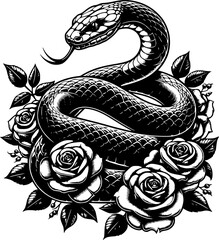 Snake With Flowers Silhouette Illustration, Vector Art