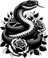 Snake With Flowers Silhouette Illustration, Vector Art