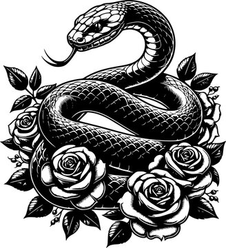 Snake With Flowers Silhouette Illustration, Vector Art