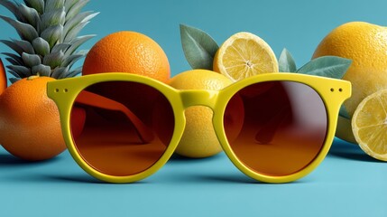 A pair of yellow sunglasses is placed on a table with a bunch of oranges