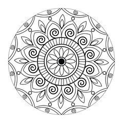 Circular pattern black and white floral ornamental mandala outline for coloring book pages