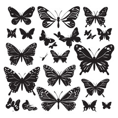set of black various butterfly vector silhouettes isolated on white background