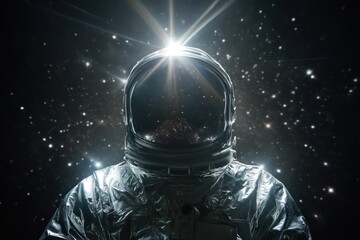 Naklejka premium A spacesuit-clad figure standing against the cosmos, illuminated by stars in the vast expanse of space.