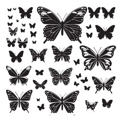 set of black various butterfly vector silhouettes isolated on white background