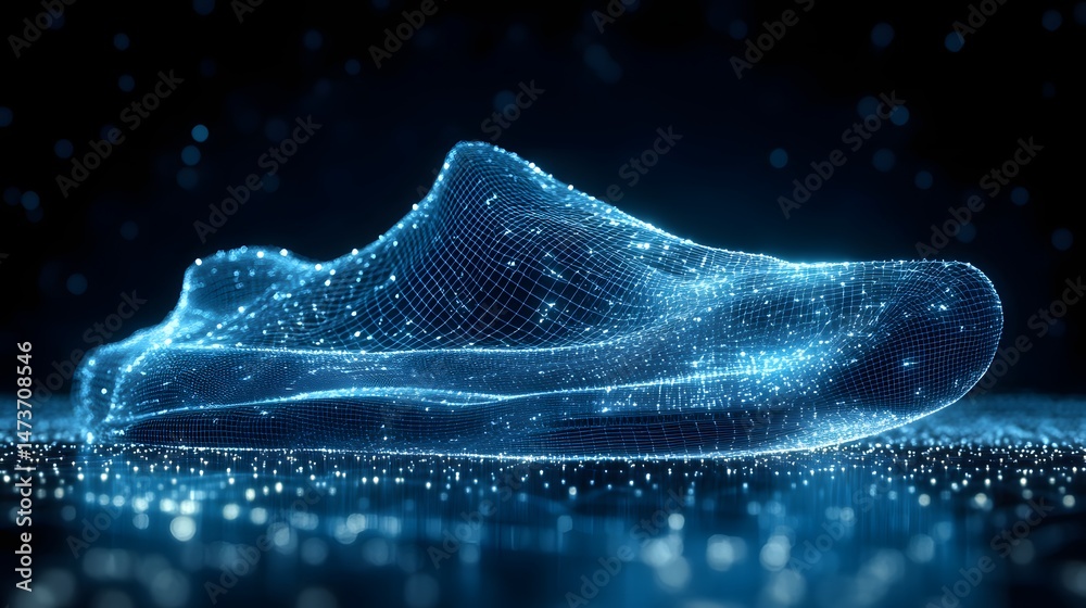 Leinwandbilder a futuristic shoe prototype hovers above a digital surface, its wireframe glowing against the dark. 