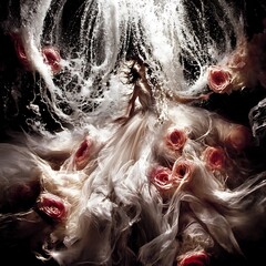 Obraz premium Ethereal Woman in a Flowing Gown Bathed in Light and Surrounded by Roses