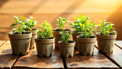 Greenhouse-style seedling starter pots on rustic board

