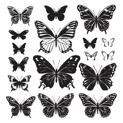 set of black various butterfly vector silhouettes isolated on white background