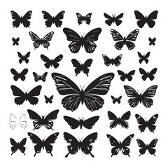 set of black various butterfly vector silhouettes isolated on white&nbsp;background