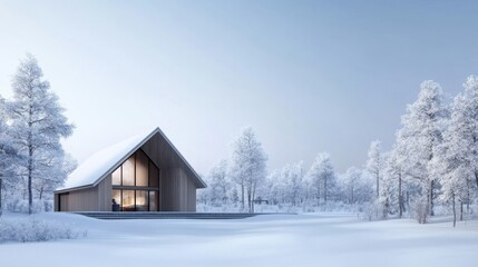 Modern Cottage in Winter Landscape with Snow-Covered Trees