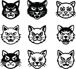 Angry Cat Face Icons Set. Fierce Cartoon Feline Vector Emblems