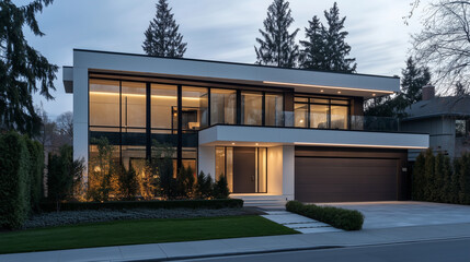 Modern suburban home with clean lines, bathed in soft daylight. Minimalist elegance in a quiet neighborhood setting.
