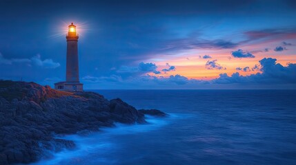 A charming lighthouse standing tall on a rocky promontory overlooking a vast ocean, guiding ships safely through the night with its bright, rotating beam