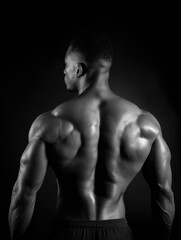 Fototapeta premium Muscular Back Flexing in Black and White Contrasting Light Highlighting Strength and Dedication