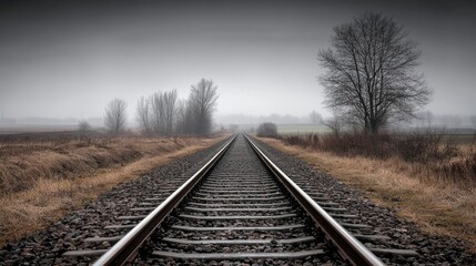 Fototapeta premium A desolate landscape with a long, straight train track leading to a foggy horizon.