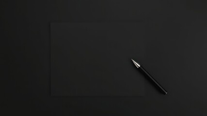 A minimalist black stationery mockup featuring a sleek pen resting on a blank sheet of black paper