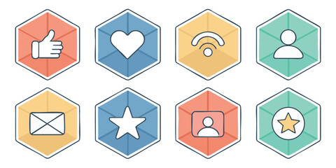 Minimalist Flat Geometric Vector Icons of Social Media Interactions — Like, Comment, Share, Follow & More