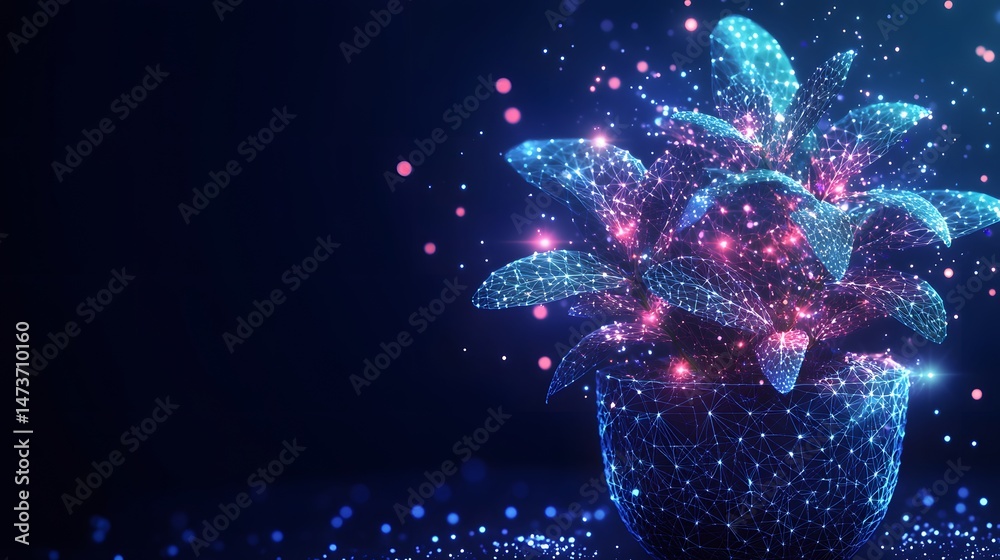 Poster digital plant artfully rendered with glowing blue lines and vibrant pink flares, creating a magical,