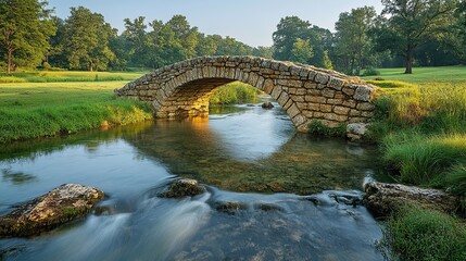Fototapeta premium A charming old stone bridge arching over a clear, flowing river in a picturesque countryside setting, surrounded by green meadows and trees