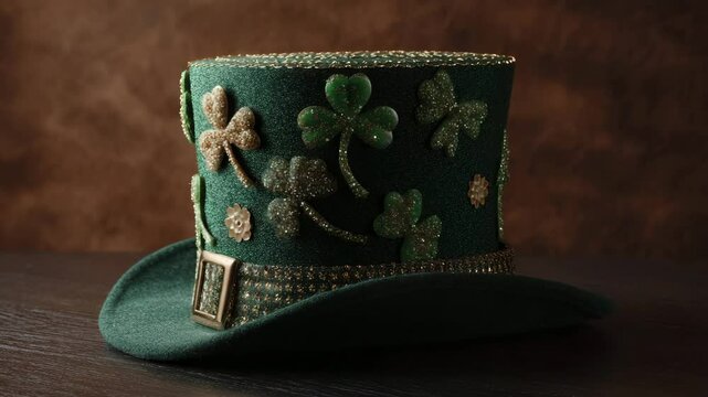 Festive green top hat adorned with embroidered clovers, gold accents and a decorative buckle, placed on a dark wood surface with a brown textured background