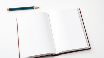 Open notebook with teal pencil on white background, ready for ideas and notes