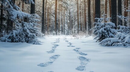 Snowy forest path with footprints.