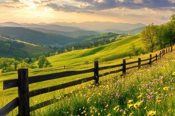 Serene Sunset Landscape: Rolling Green Hills, Wildflowers, and Wooden Fence
