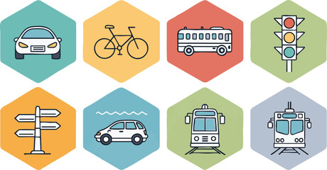 Minimalist Flat Geometric Vector Icons of Transportation — Car, Bus, Bicycle, Airplane, Motorcycle, Train & More