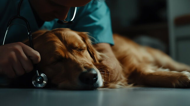 Veterinarian Examining a Golden Retriever with a Stethoscope