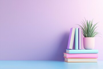 Pastel bookshelf with purple and soft pastels cozy room home decor modern environment side view aesthetic concept