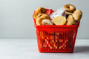 Full red shopping basket overflowing with assorted baked goods
