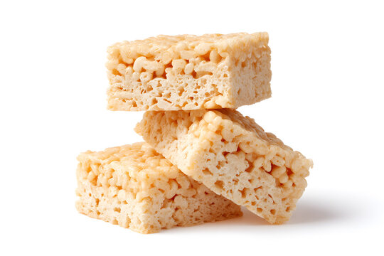 Rice Krispie square treat, light and crispy squares made from puffed rice cereal isolated on white