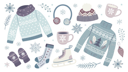 Pastel Flat Illustrations of Cozy Winter Essentials – Scarves, Mugs, Snowflakes for a Festive Vibe