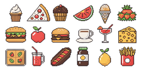 Pixel Art Food & Drink Icons Pack – Pizza, Burgers, Ice Cream, Sushi, Coffee, Fruits & More

