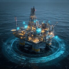 AI-driven futuristic oil rig monitors and analyzes operations in real-time for better performance.