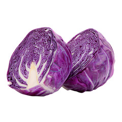 Obraz premium Two halves of fresh vibrant purple red cabbage isolated on raw cut food on transparent background