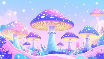 Enchanted mushroom landscape with pastel colors and sparkling stars creating a whimsical fantasy scene