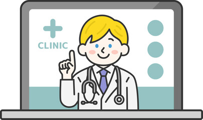 パソコンでオンライン診療する、聴診器をつけた、白人の男性医師（線画カラー）のイラスト