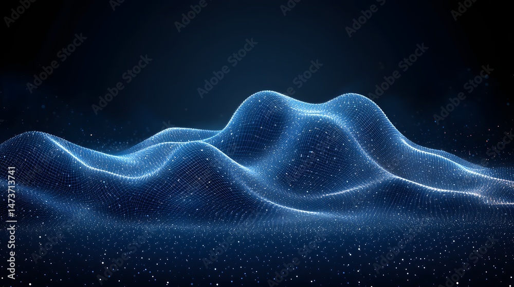 Poster A captivating digital abstract landscape featuring a luminous blue grid resembling rolling hills against a dark backdrop. Sparkling particles enhance depth. Abstract wireframe in dark blue