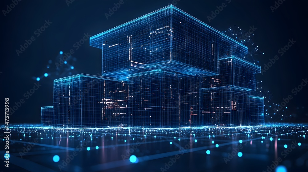 Leinwandbilder futuristic digital architecture with interconnected blue wireframes forming a complex technological 
