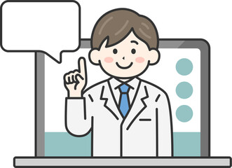 パソコンのオンライン診療で説明する、男性医師（線画カラー）のイラスト