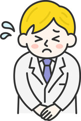 頭を下げて謝罪する、白人の男性医師（線画カラー）のイラスト