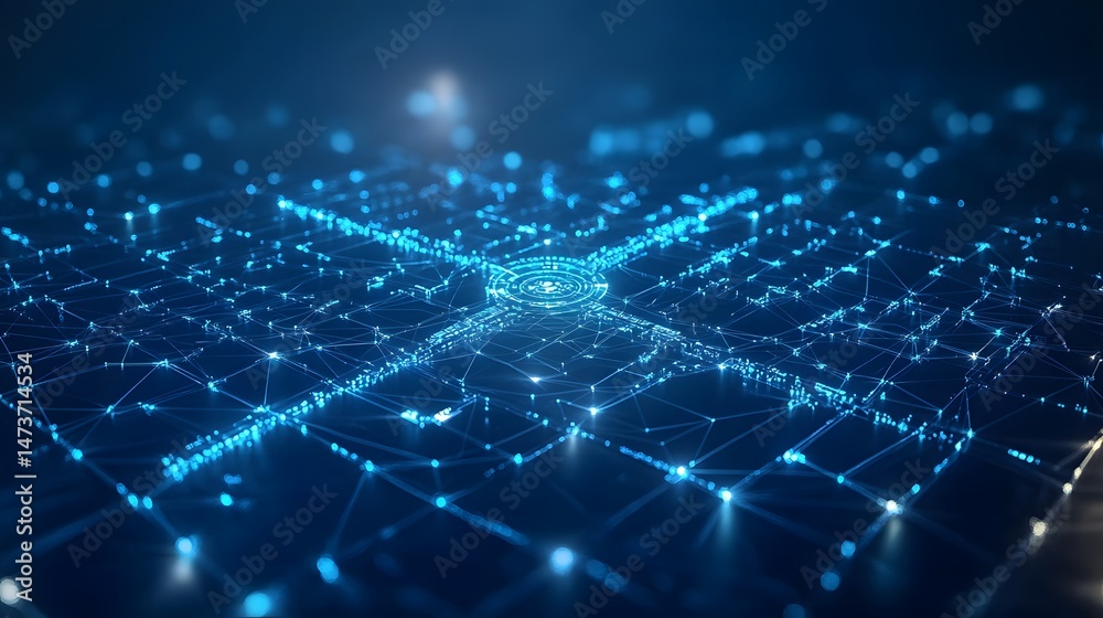Leinwandbilder futuristic network design depicting interconnected bright blue nodes forming a digital grid. the cen
