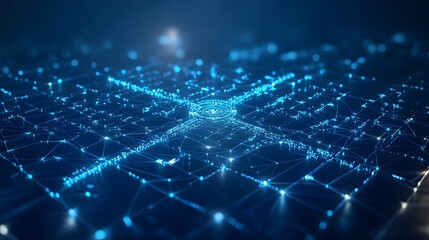 Obraz premium Futuristic network design depicting interconnected bright blue nodes forming a digital grid. The central target evokes technology and precision. Abstract wireframe in dark blue.