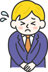 頭を下げて謝罪する、白人のビジネスマン（線画カラー）のイラスト