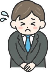 頭を下げて謝罪する、ビジネスマン（線画カラー）のイラスト