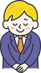 お辞儀をする、白人のビジネスマン（線画カラー）のイラスト