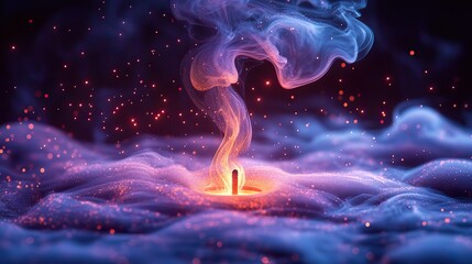 Amethyst smoke curls upwards from a burning incense stick, carrying fragrant aromas into the stillness, a feeling of peace and spiritual contemplation